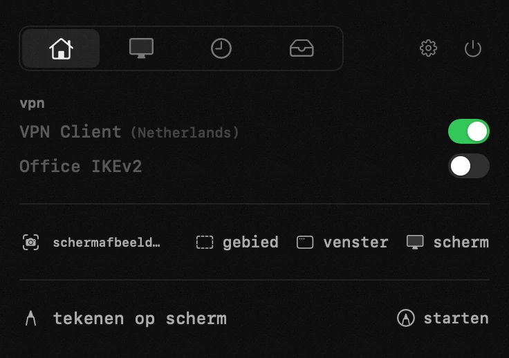 hop-paneel in de menubalk van macOS: VPN