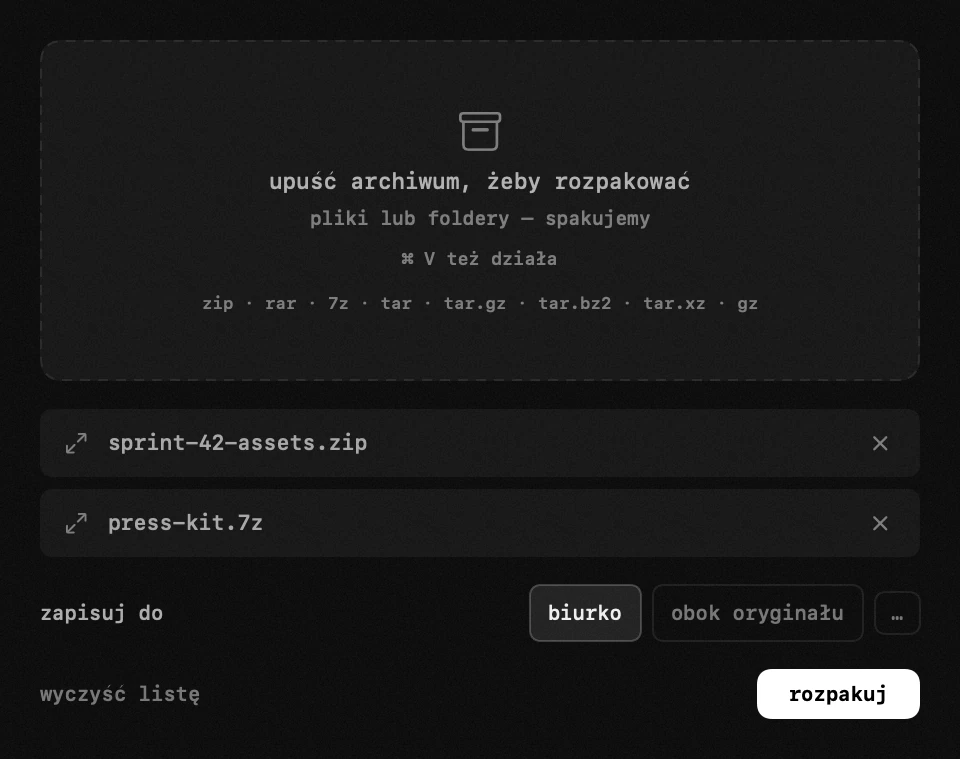 archiwa plików: jedno z osiemnastu narzędzi hop, wszystkie offline panel hop na pasku menu macOS: archiwa plików