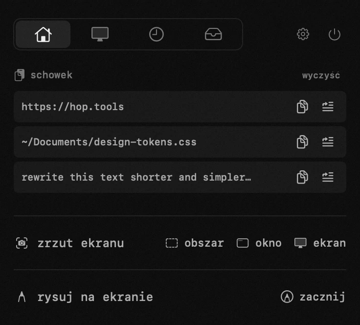 panel hop na pasku menu macOS: historia schowka