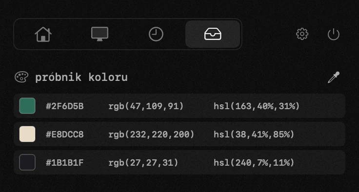 panel hop na pasku menu macOS: próbnik koloru