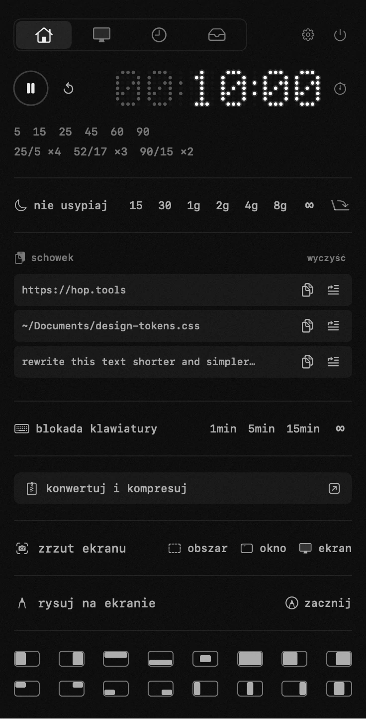 osiemnaście narzędzi w jednym panelu na pasku menu, bez konta i bez sieci otwarty panel hop na pasku menu macOS