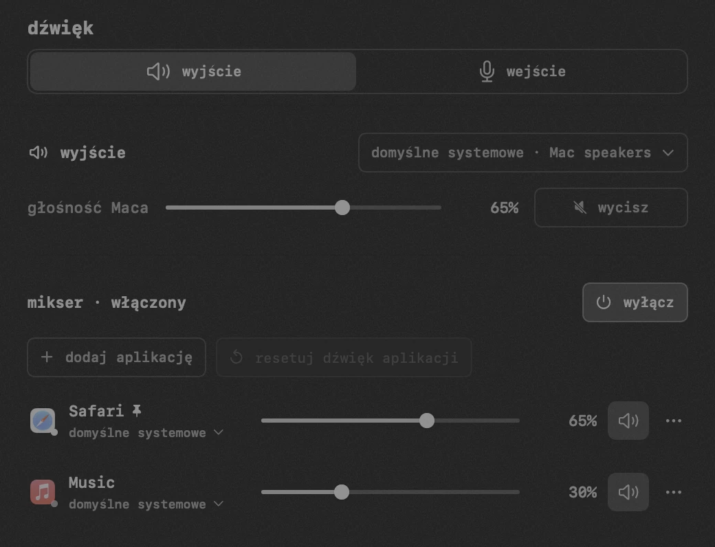 dźwięk: jedno z dwudziestu narzędzi hop, wszystkie offline panel hop na pasku menu macOS: dźwięk