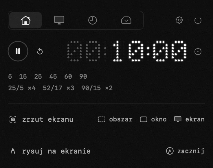 panel hop na pasku menu macOS: timer i cykle