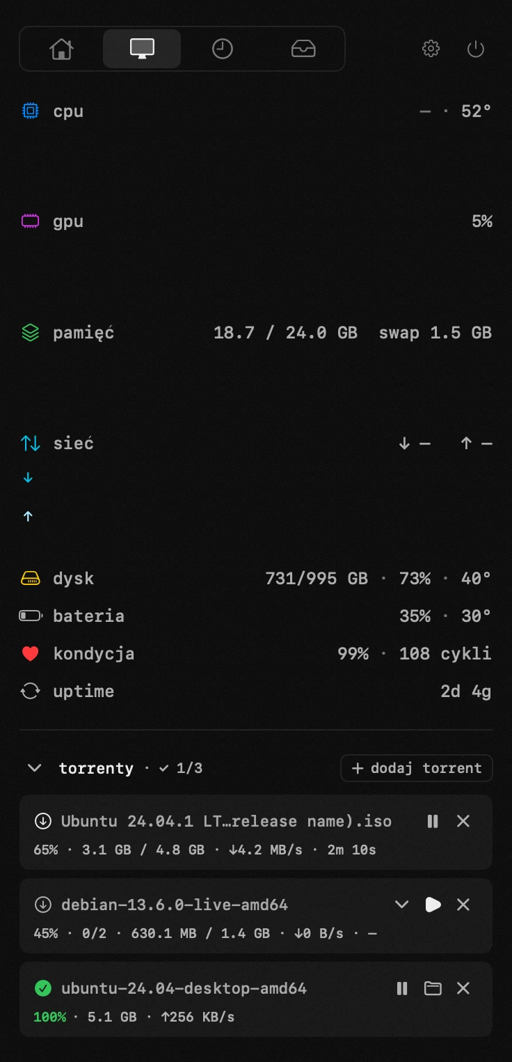 panel hop na pasku menu macOS: torrenty