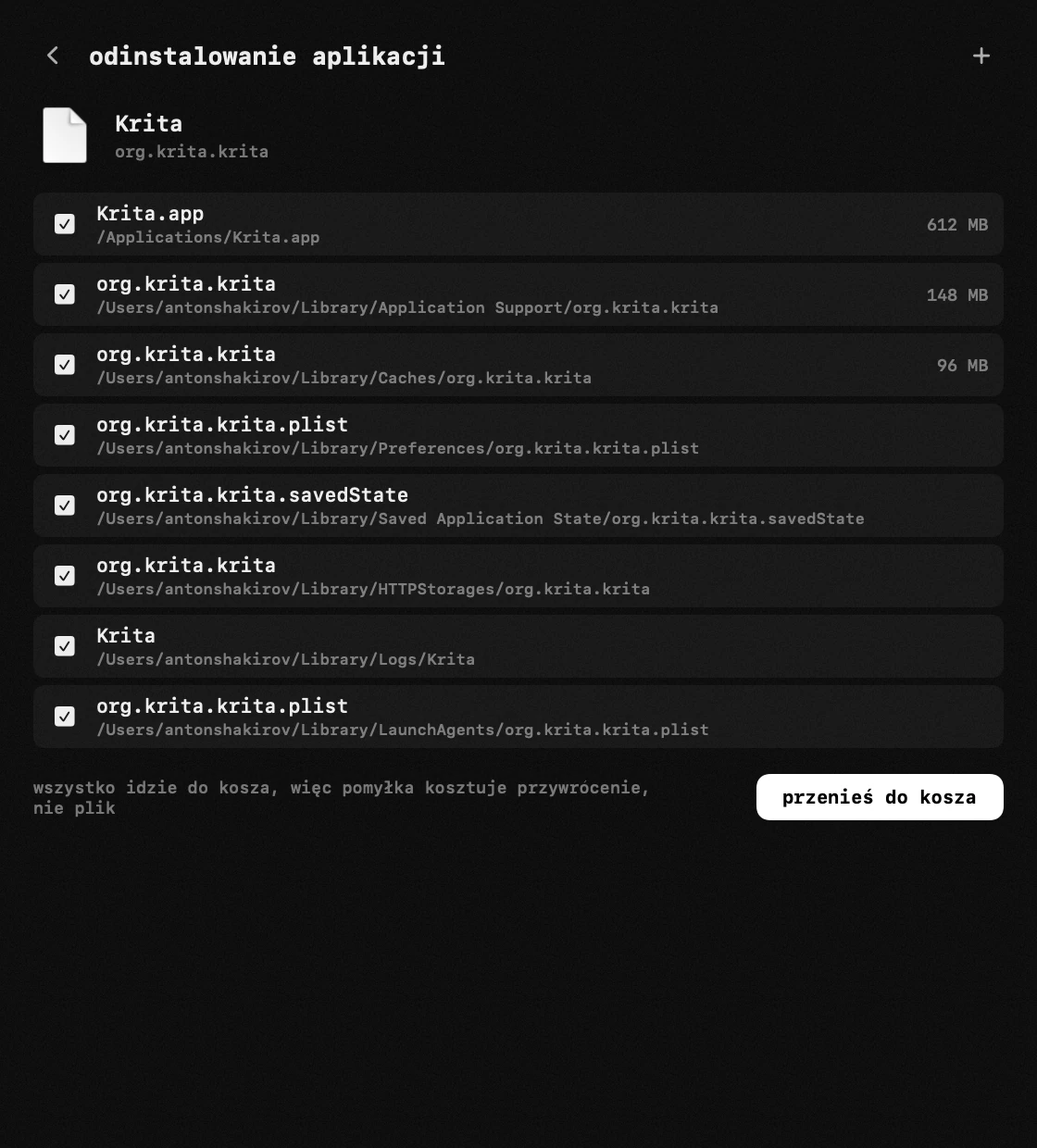 panel hop na pasku menu macOS: usuwanie aplikacji