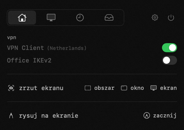 panel hop na pasku menu macOS: VPN