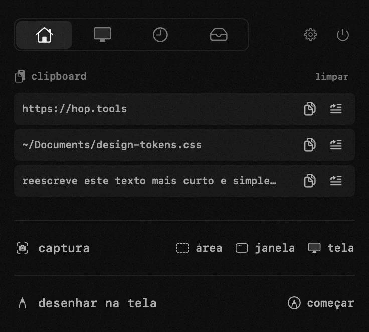 clipboard: uma das dezenove ferramentas do hop, todas offline painel do hop na barra de menus do macOS: clipboard