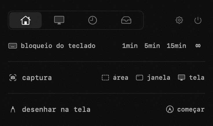 bloqueio do teclado: uma das dezenove ferramentas do hop, todas offline painel do hop na barra de menus do macOS: bloqueio do teclado
