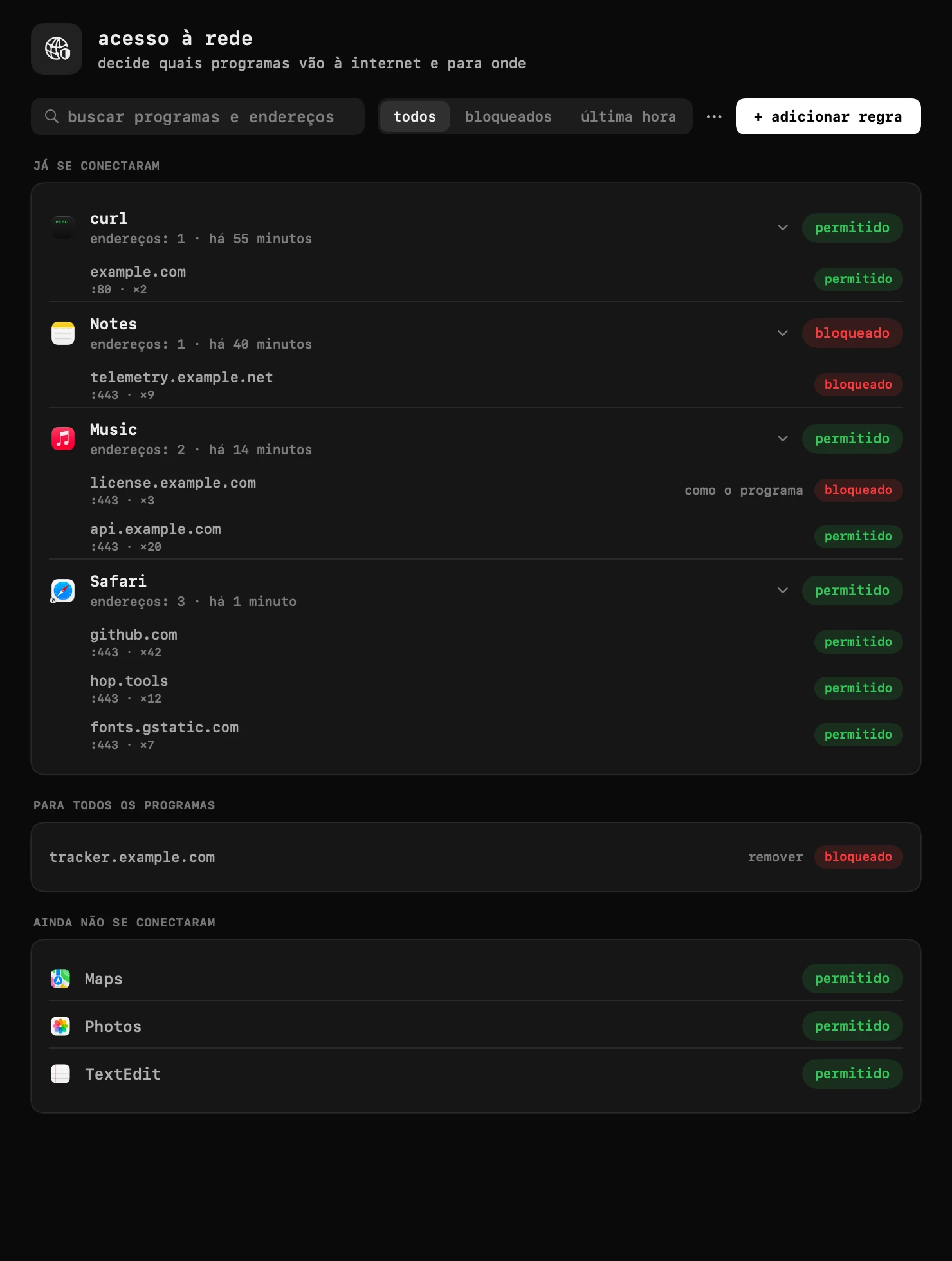 painel do hop na barra de menus do macOS: bloqueio de tráfego