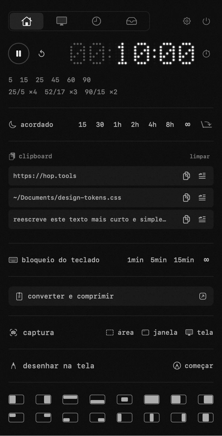 dezenove ferramentas num único painel da barra de menus, sem conta e sem rede o painel do hop aberto na barra de menus do macOS