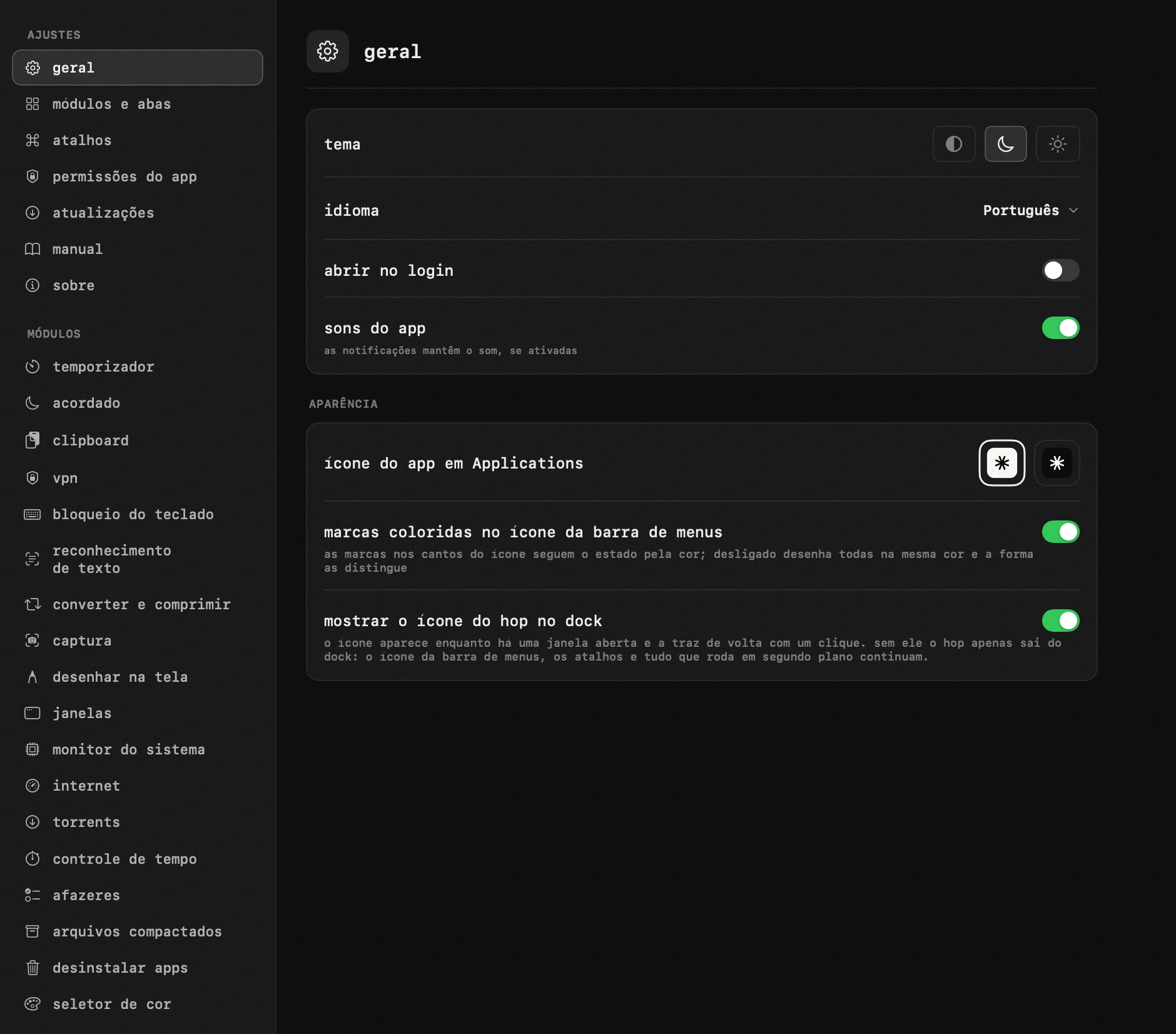 do seu jeito: uma das dezenove ferramentas do hop, todas offline painel do hop na barra de menus do macOS: do seu jeito