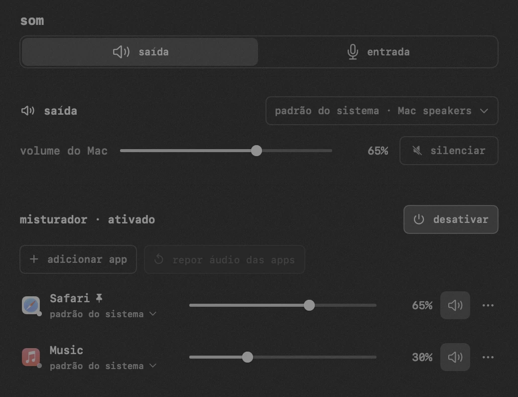 som: uma das vinte ferramentas do hop, todas offline painel do hop na barra de menus do macOS: som