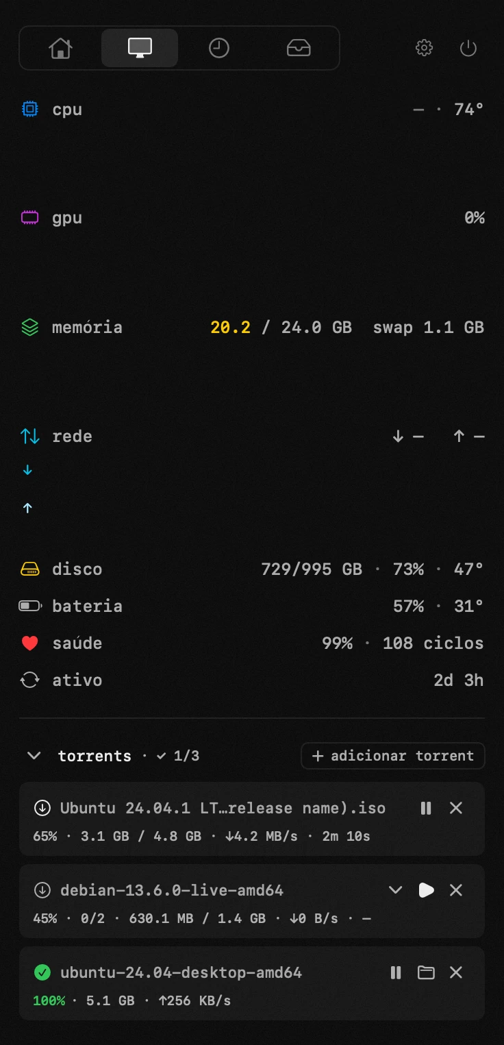 torrents: uma das dezenove ferramentas do hop, todas offline painel do hop na barra de menus do macOS: torrents