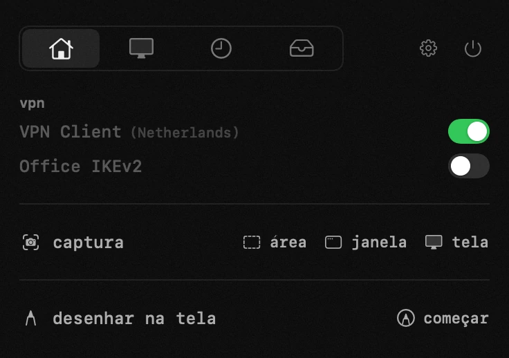 vpn: uma das dezenove ferramentas do hop, todas offline painel do hop na barra de menus do macOS: vpn