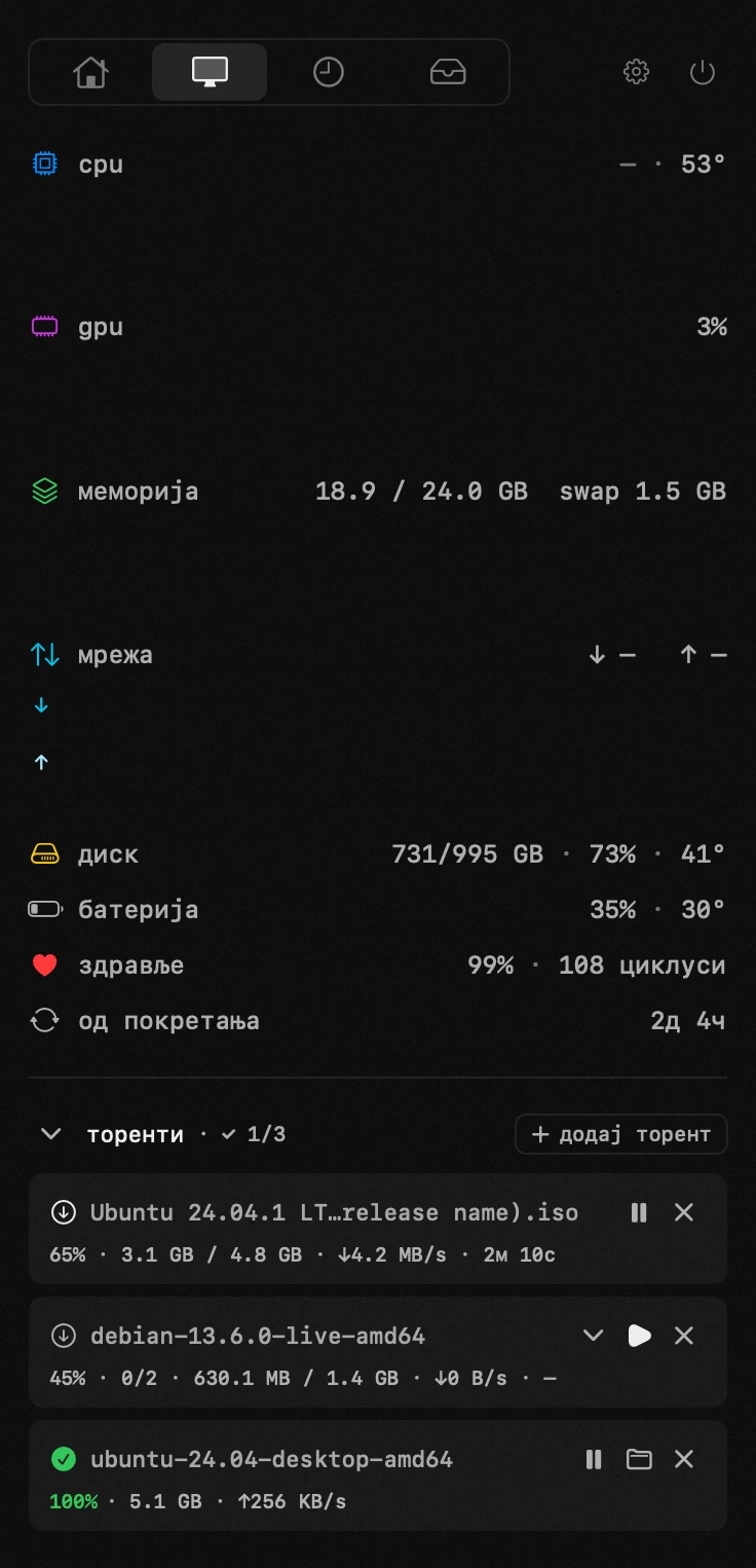 панел hop у траци менија на macOS-у: торенти