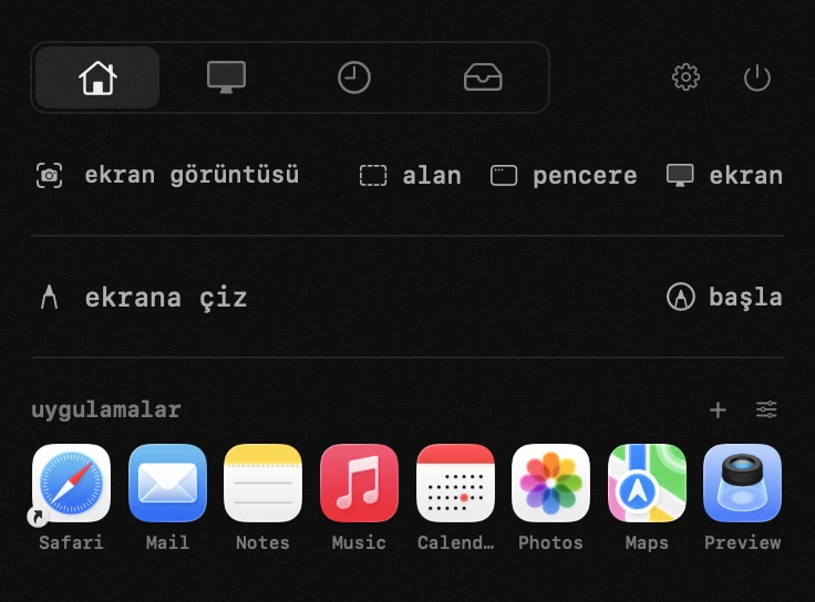 uygulamalar: hop'un on sekiz aracından biri, hepsi çevrimdışı macOS menü çubuğunda hop paneli: uygulamalar