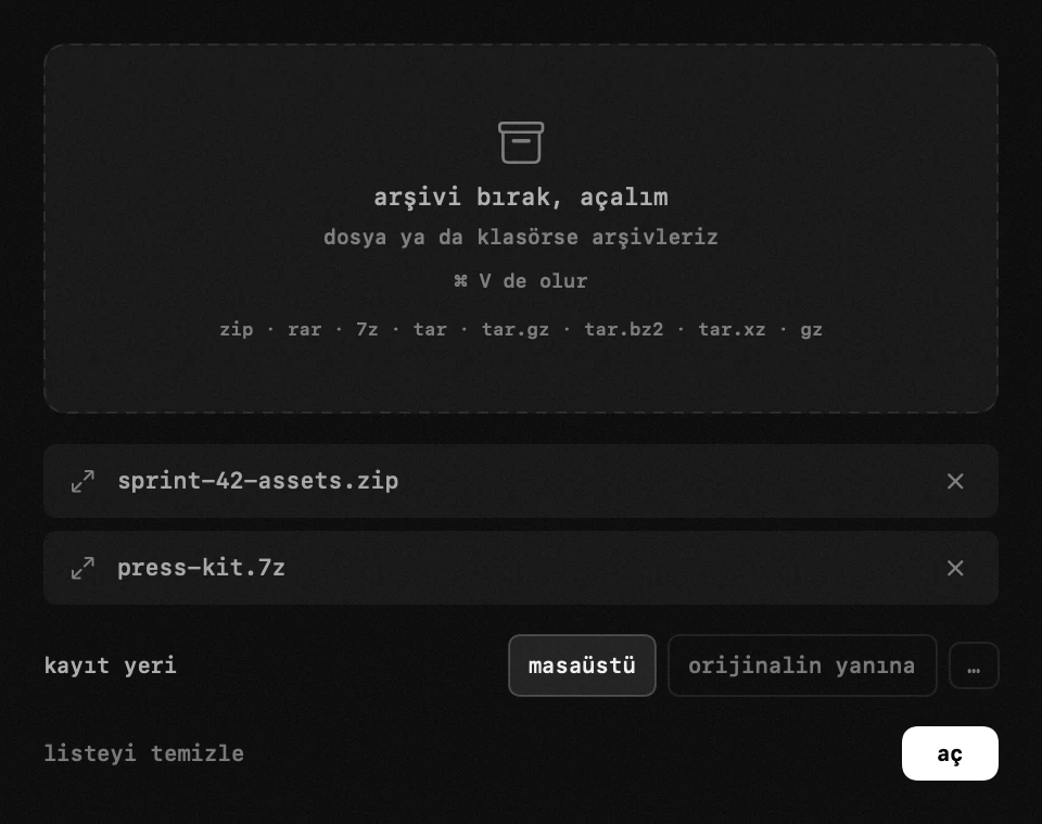macOS menü çubuğunda hop paneli: dosya arşivleri