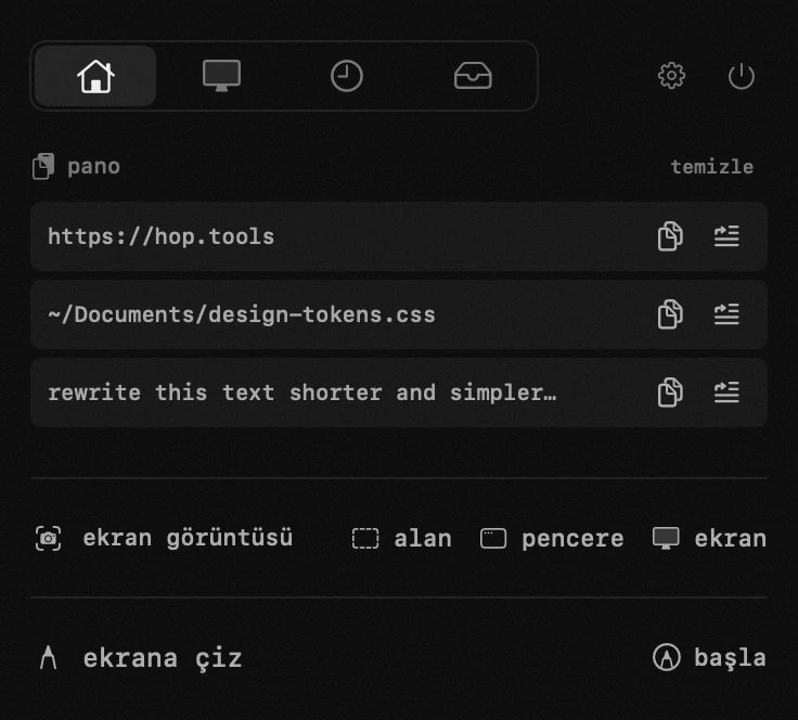 macOS menü çubuğunda hop paneli: pano