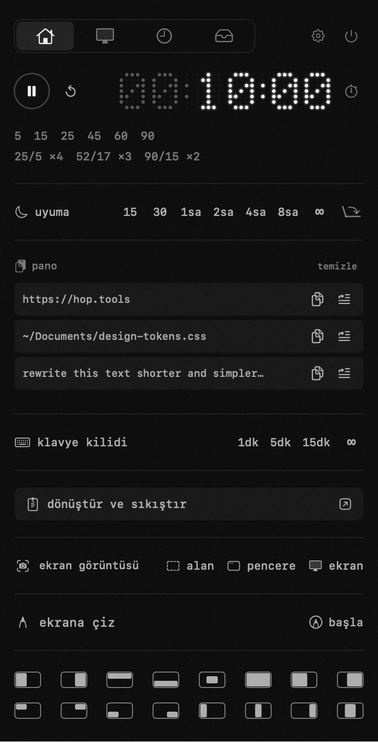 tek bir menü çubuğu panelinde on sekiz araç, hesap yok, ağ yok macOS menü çubuğunda açık hop paneli