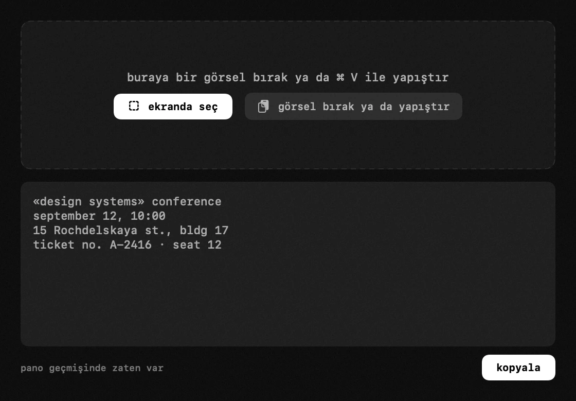 macOS menü çubuğunda hop paneli: metin tanıma