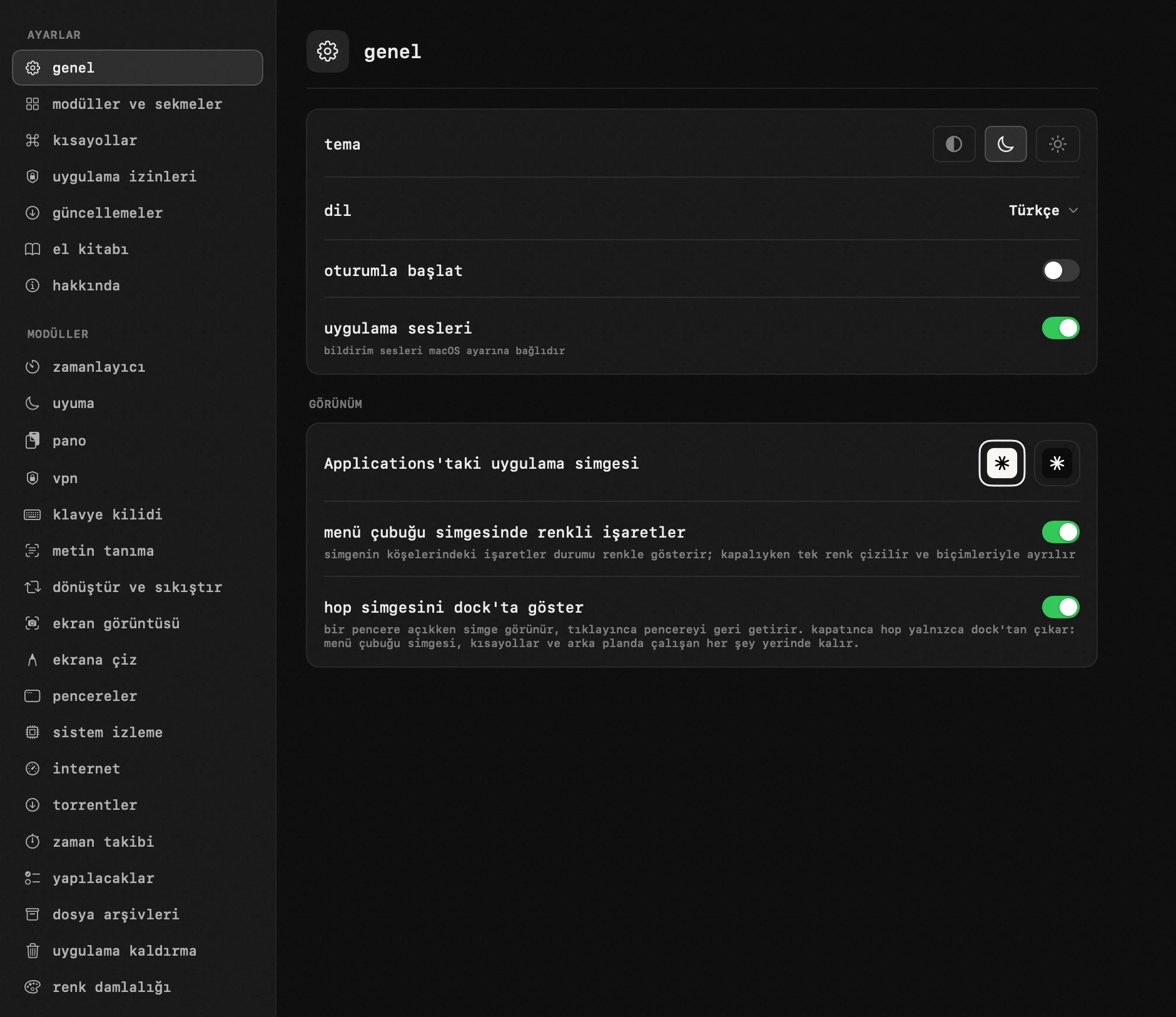 macOS menü çubuğunda hop paneli: ayarlar sizde