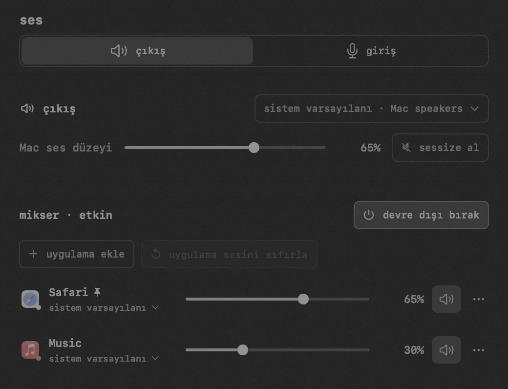 ses: hop'un yirmi aracından biri, hepsi çevrimdışı macOS menü çubuğunda hop paneli: ses