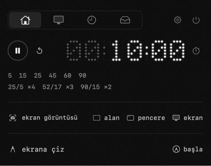 macOS menü çubuğunda hop paneli: zamanlayıcı