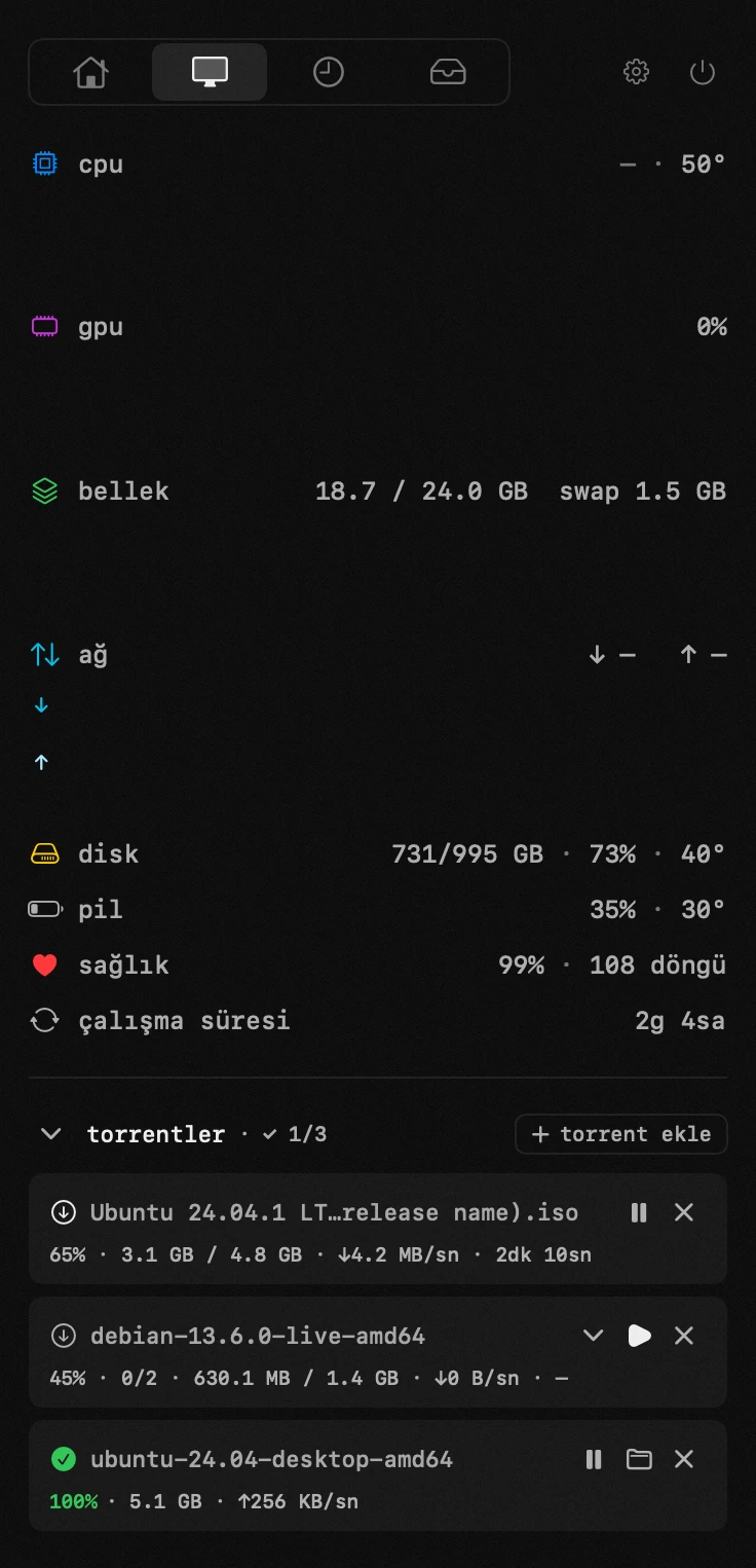 macOS menü çubuğunda hop paneli: torrentler