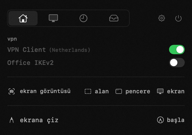 macOS menü çubuğunda hop paneli: vpn