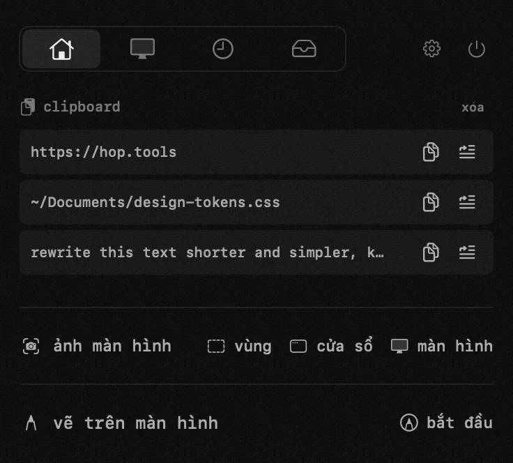 bảng điều khiển hop trên thanh menu macOS: clipboard