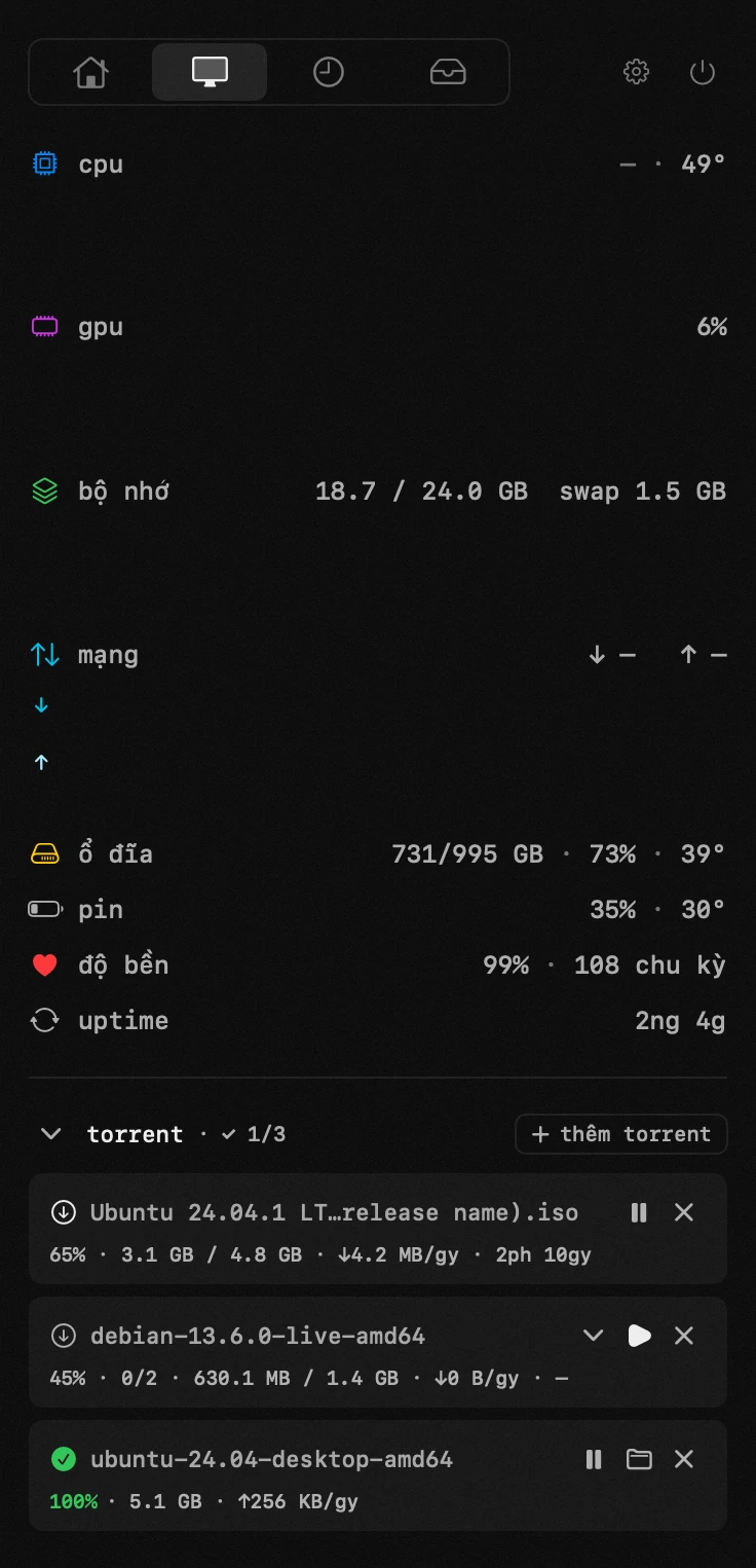 bảng điều khiển hop trên thanh menu macOS: torrent