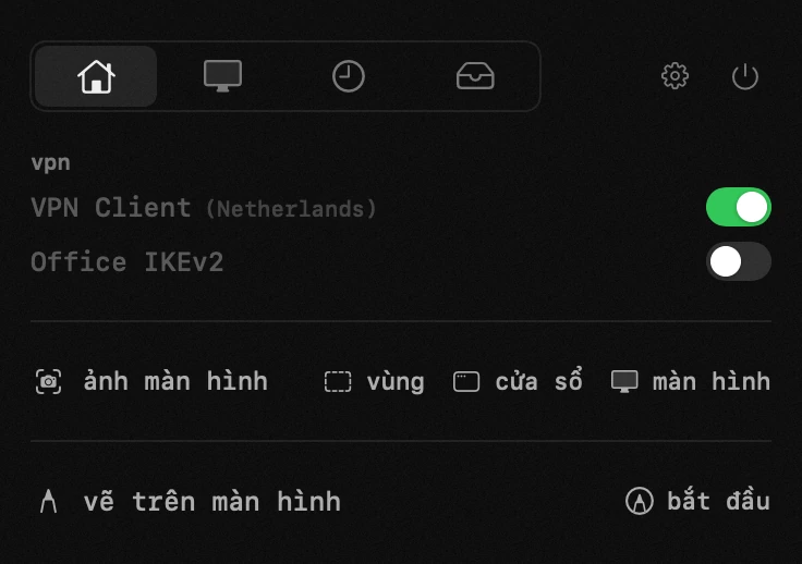 bảng điều khiển hop trên thanh menu macOS: vpn